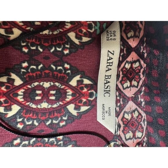 Zara Basic Women’s Size Small Red Satin Button Down BOHO Patchwork Blouse - Picture 4 of 11